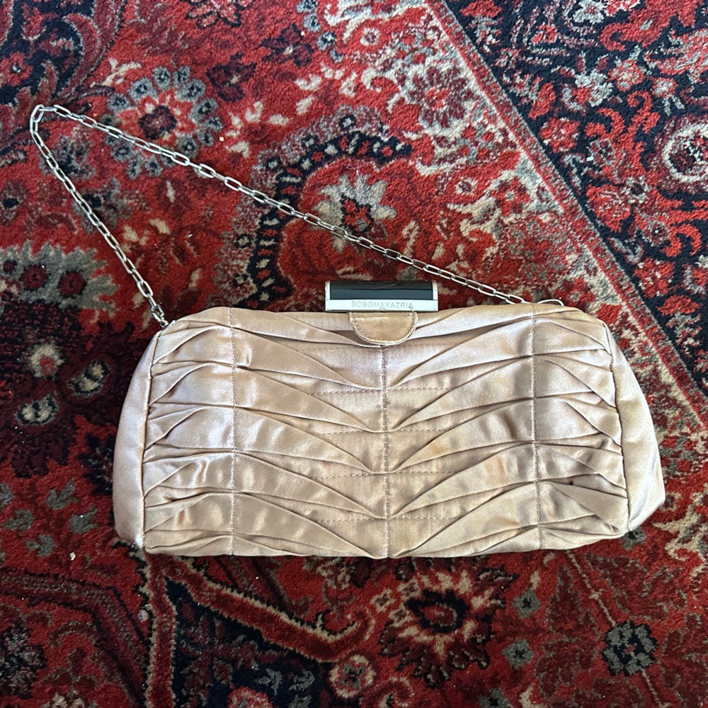 BCBG Pale Pink Satin Pleated Clutch with Black & Silver Hardware - Oscars Season